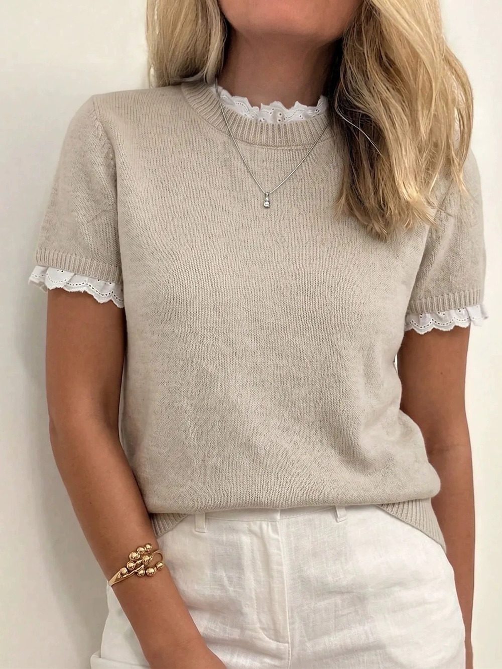 ZARA Lace Trim Collar Short Sleeve Womens Sweater Elegant Straight Fit In Stock